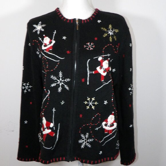 Segue Ho Ho Ho Christmas Sweater Cardigan Size L Black Women's Zip Front - Picture 1 of 5